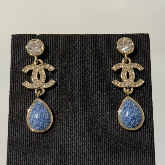 Chanel 2026 Light Gold Round Diamond Double C Teardrop Pendant Denim Earrings