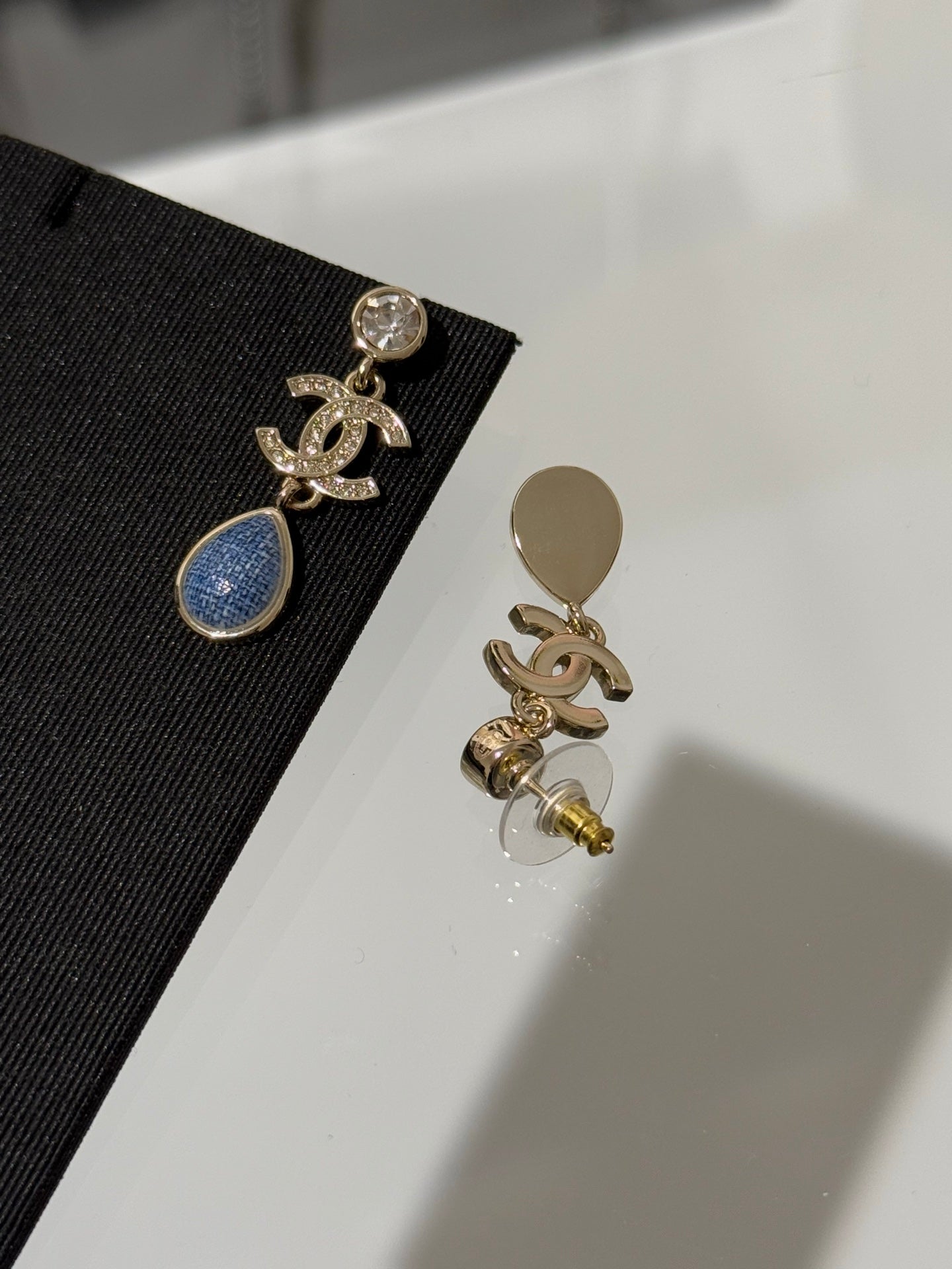 Chanel 2026 Light Gold Round Diamond Double C Teardrop Pendant Denim Earrings