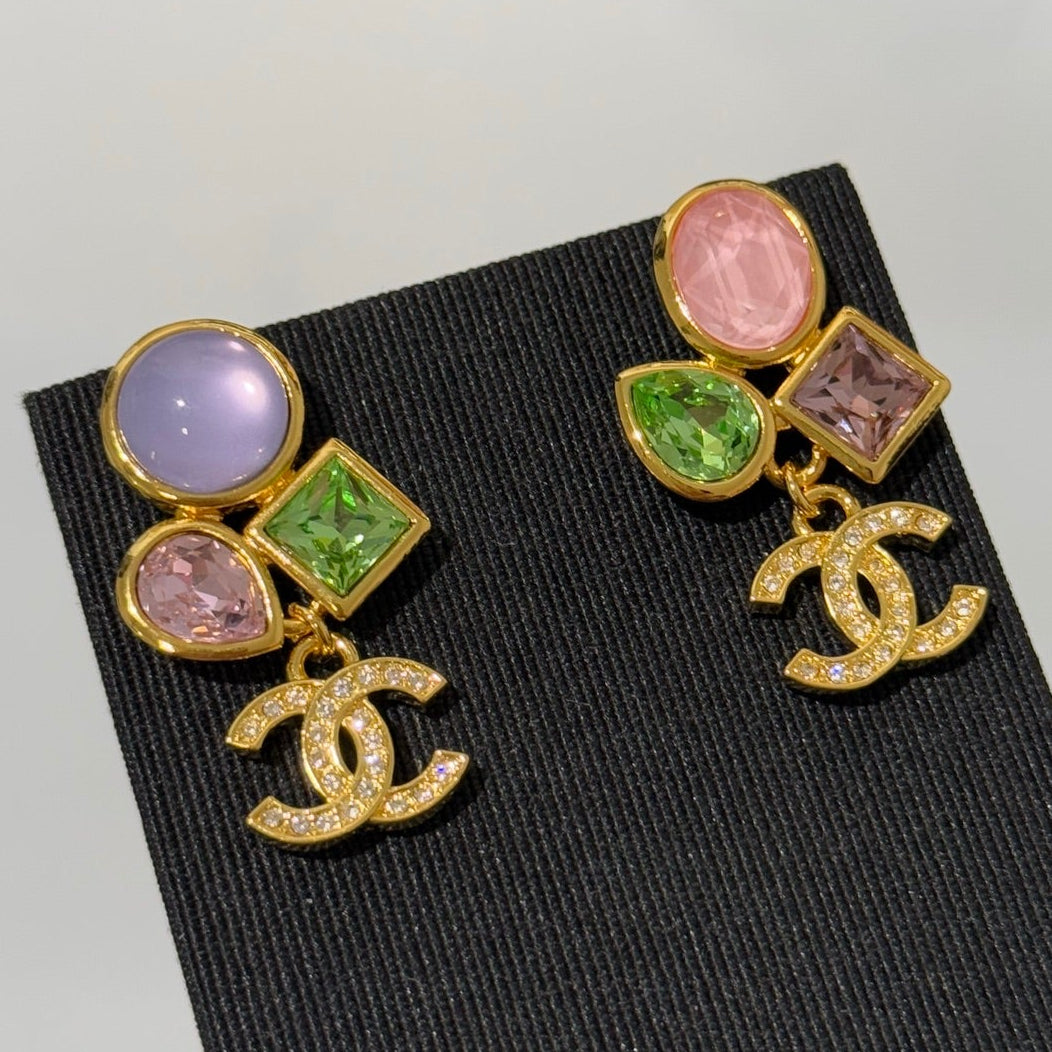 Chanel 2026 Gemstone Gold Full Diamond Double C Glass Pearl Ab Style Earrings