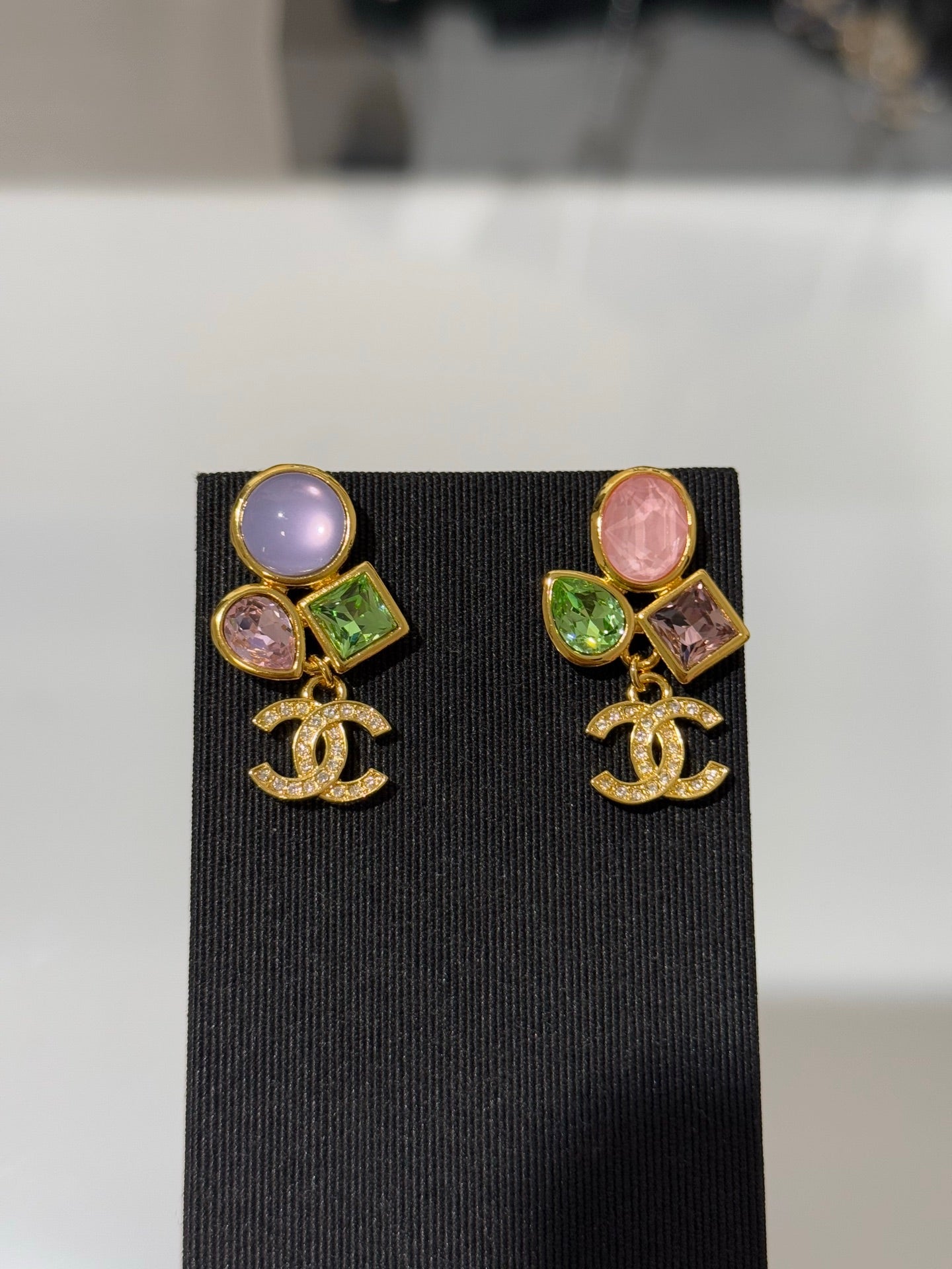 Chanel 2026 Gemstone Gold Full Diamond Double C Glass Pearl Ab Style Earrings