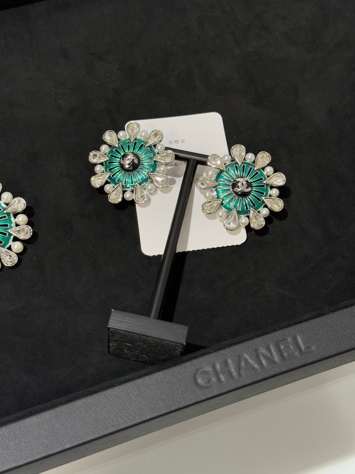Chanel 2026 Green Enamel Openwork Pearl Teardrop Crystal Silver Snowflake Earrings