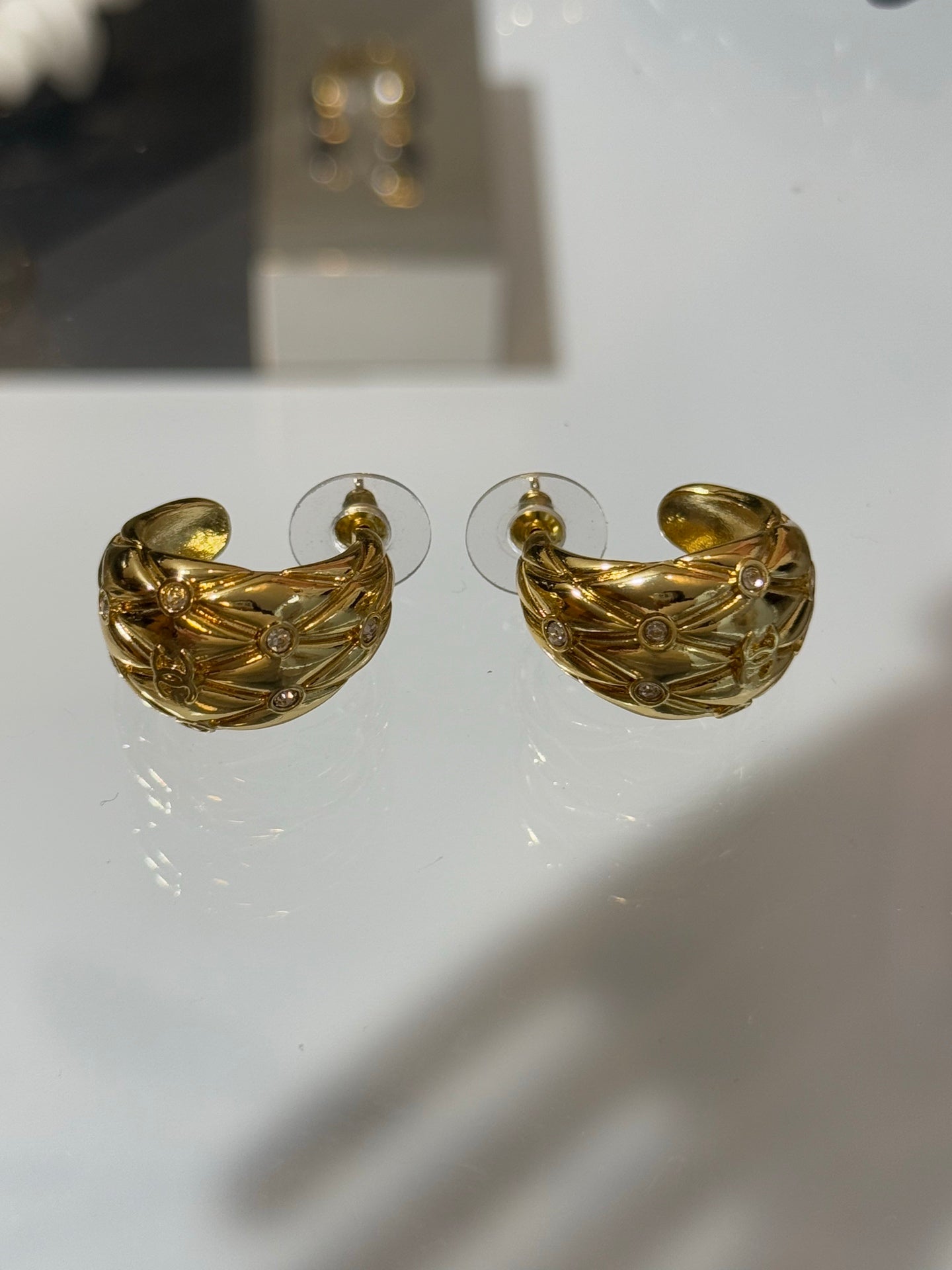 Chanel 2026 Gold Quilted Crystal Diamond Half-Hoop Earrings