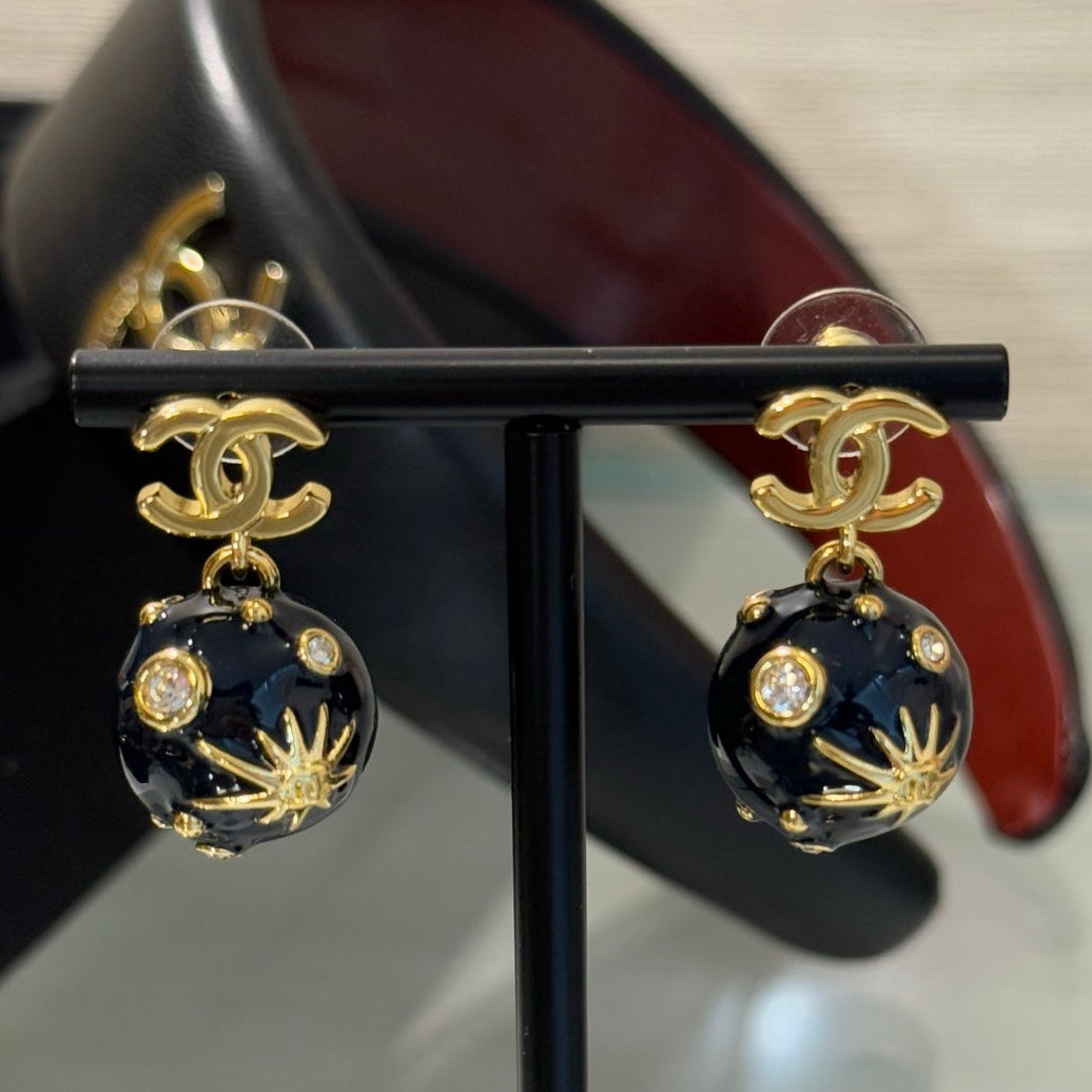 Chanel 2026 Deep Blue Enamel Sphere Rhinestone Star Double C Universe Planet Earrings