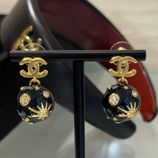 Chanel 2026 Deep Blue Enamel Sphere Rhinestone Star Double C Universe Planet Earrings