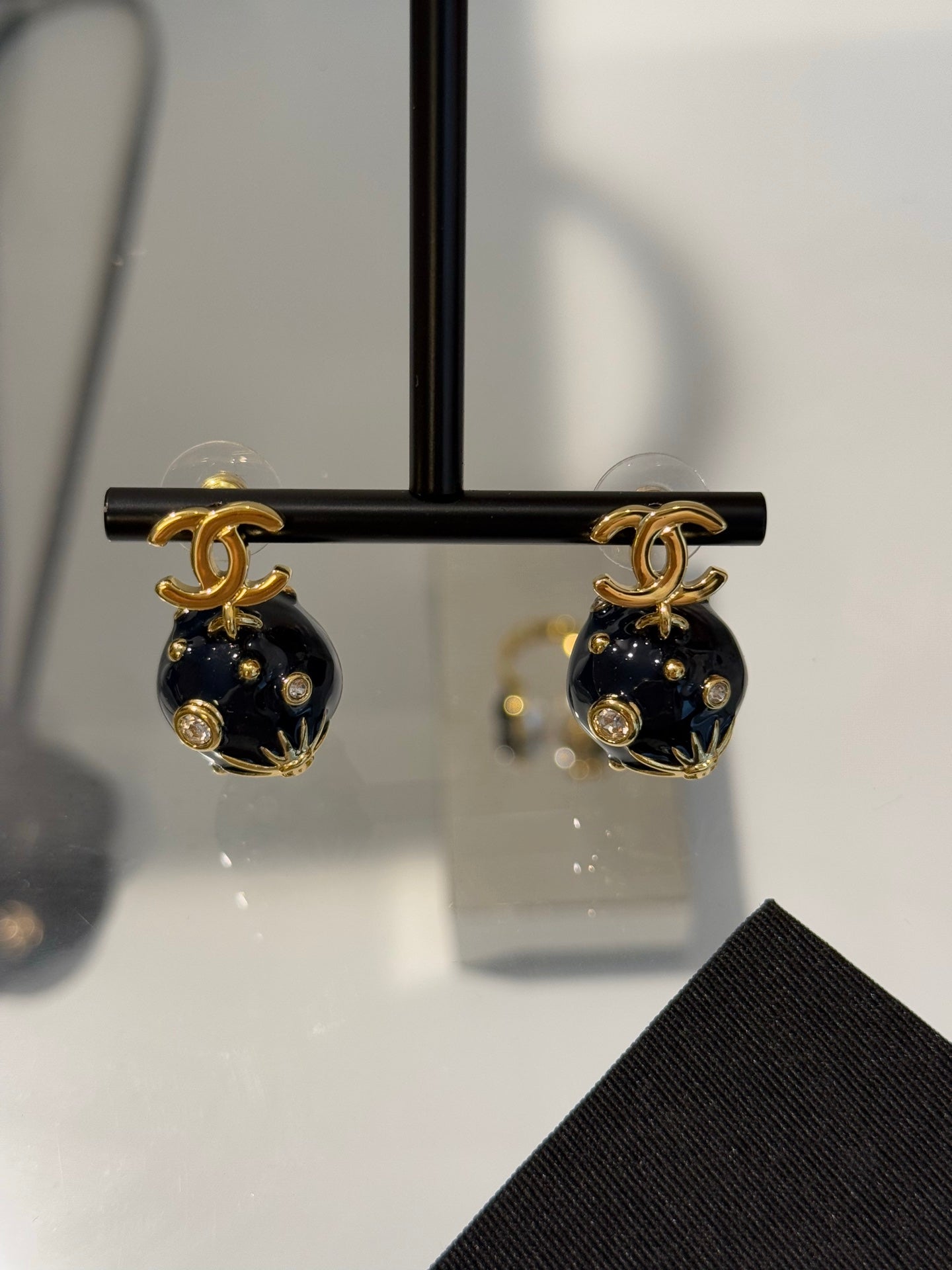 Chanel 2026 Deep Blue Enamel Sphere Rhinestone Star Double C Universe Planet Earrings