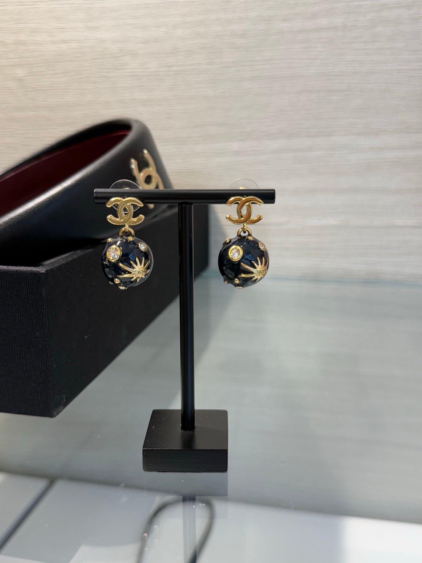 Chanel 2026 Deep Blue Enamel Sphere Rhinestone Star Double C Universe Planet Earrings