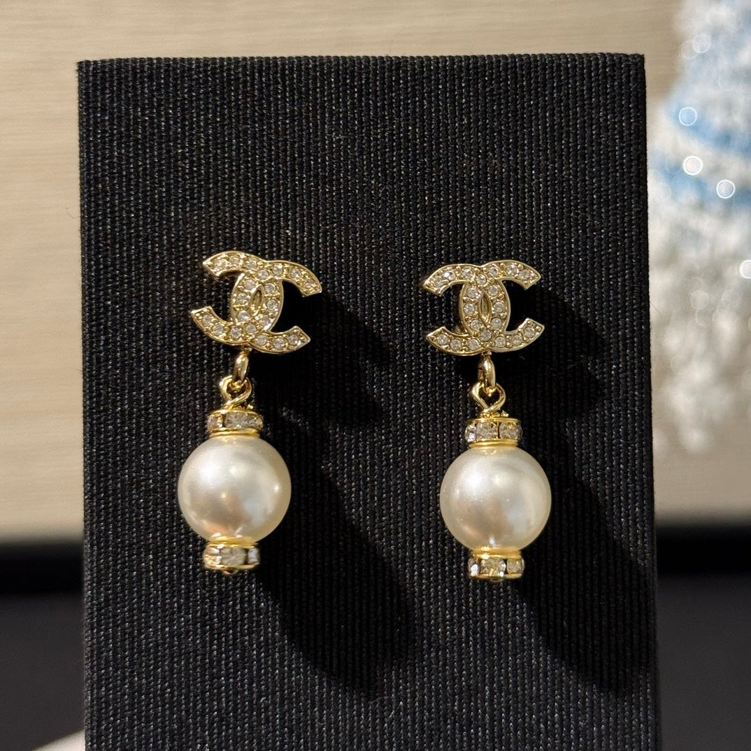 Chanel 2026 Light Gold Full Diamond Double C White Pearl Earrings