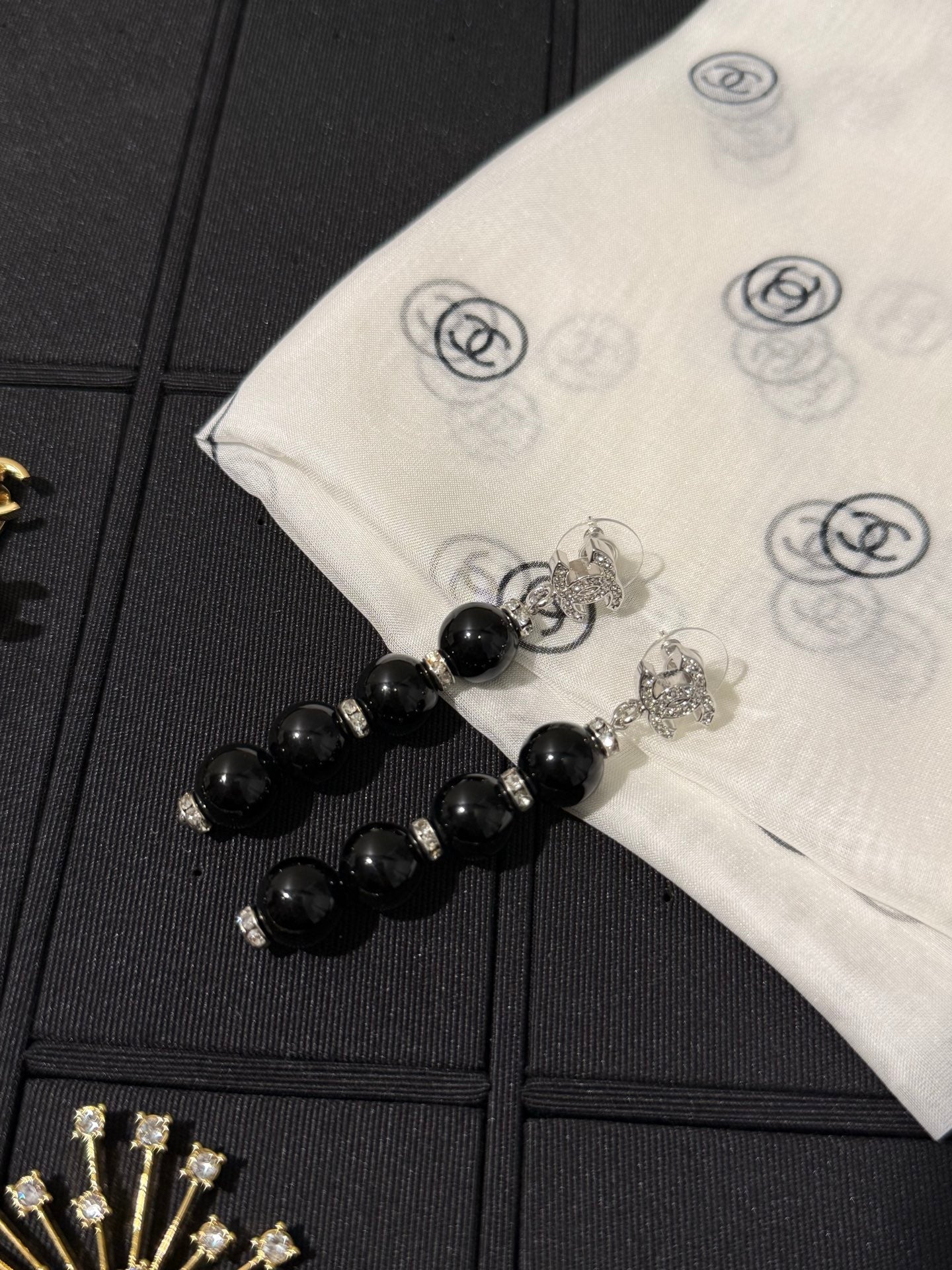 Chanel 2026 Silver Full Diamond Double C Black Bead Long Earrings