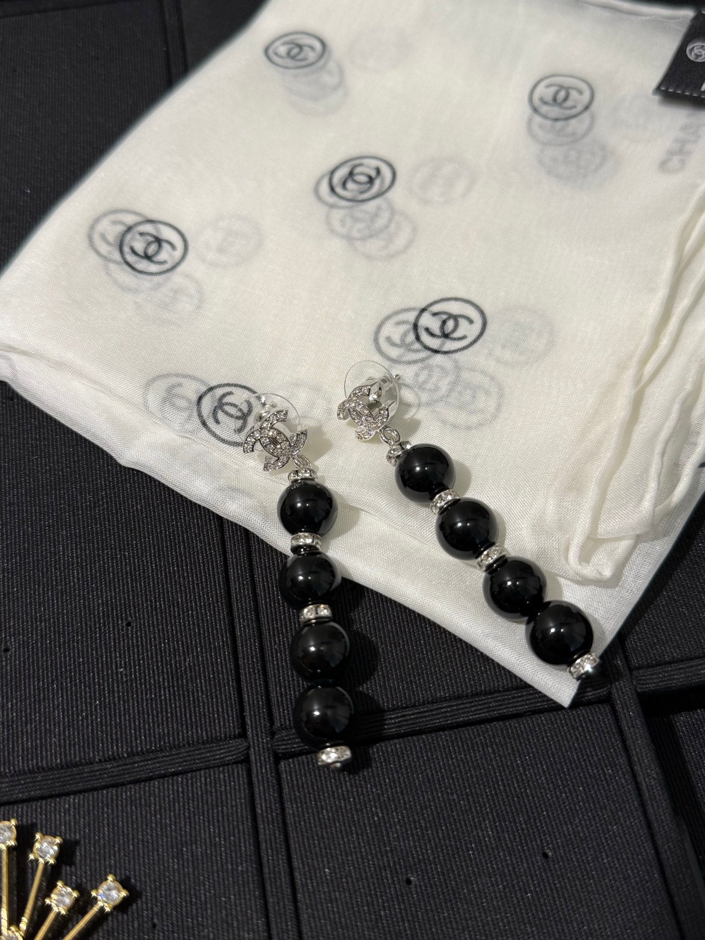 Chanel 2026 Silver Full Diamond Double C Black Bead Long Earrings
