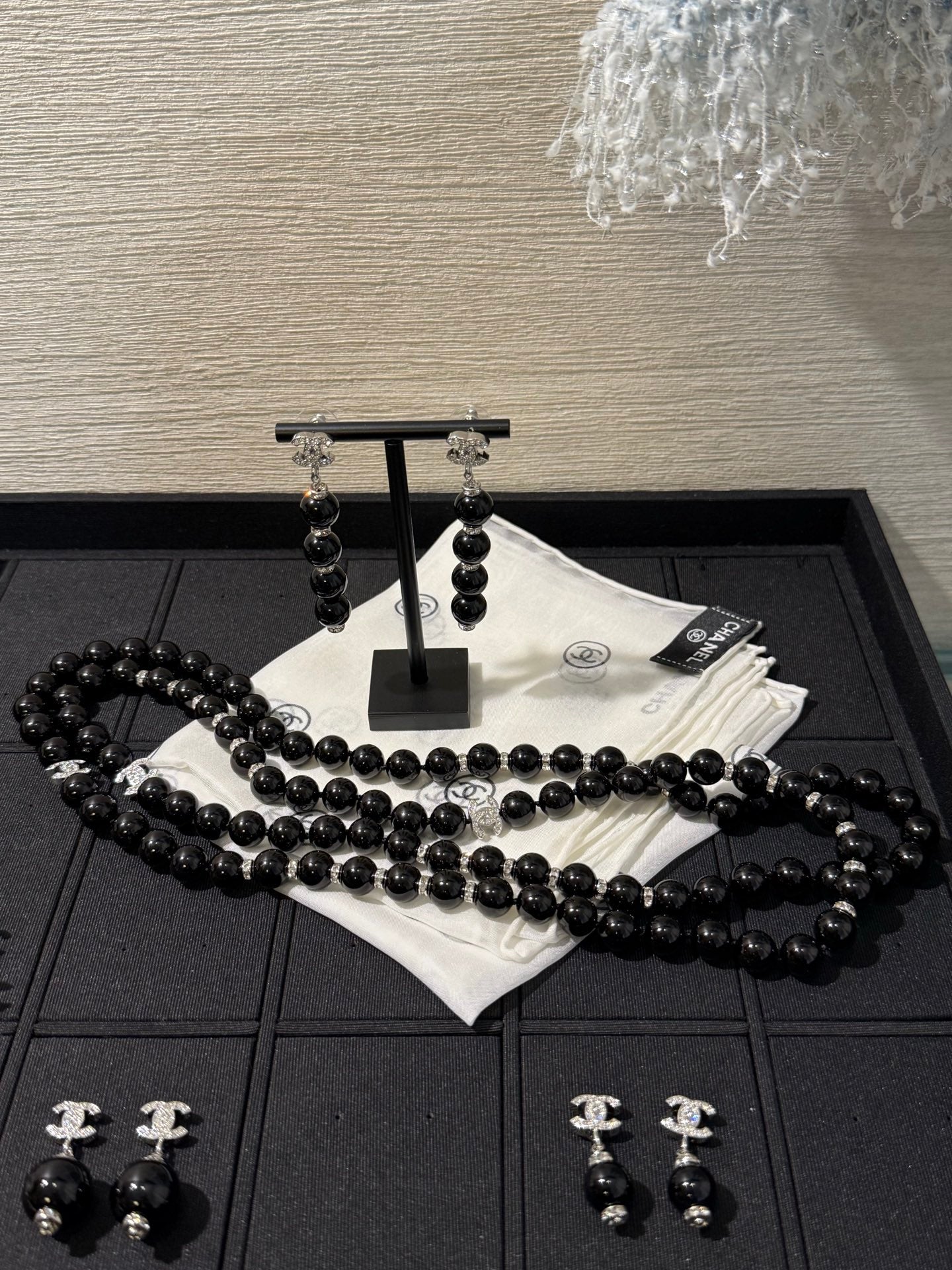 Chanel 2026 Silver Full Diamond Double C Black Bead Long Earrings