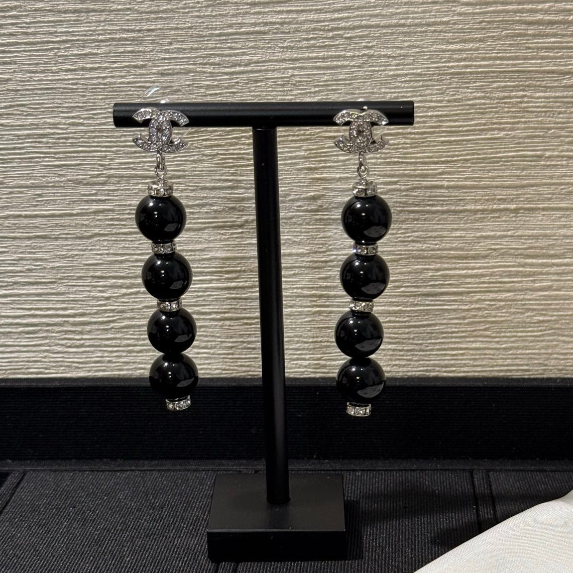 Chanel 2026 Silver Full Diamond Double C Black Bead Long Earrings