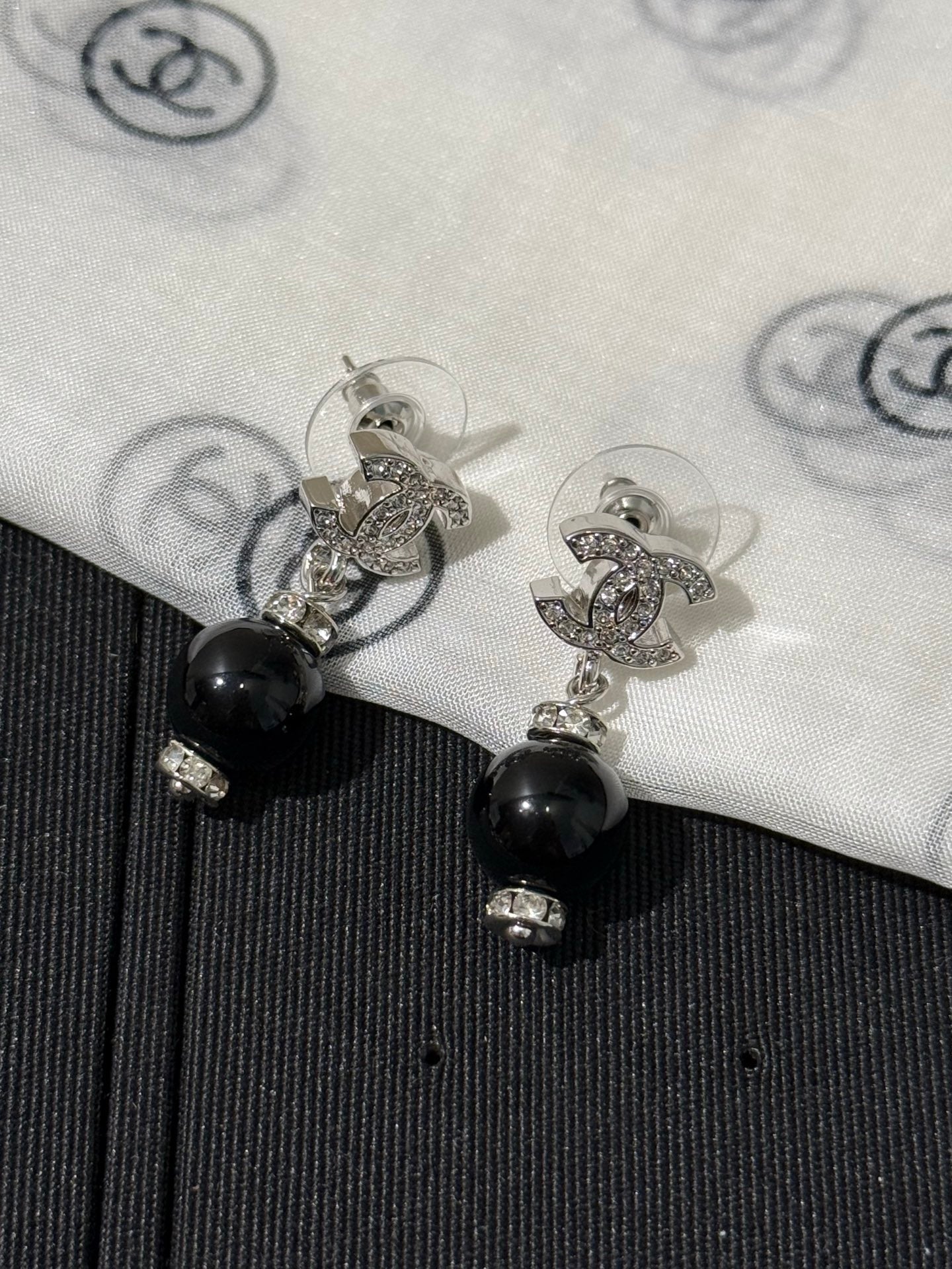 Chanel 2026 Silver Full Diamond Double C Black Bead Earrings