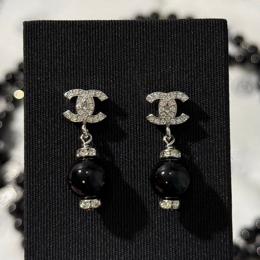 Chanel 2026 Silver Full Diamond Double C Black Bead Earrings