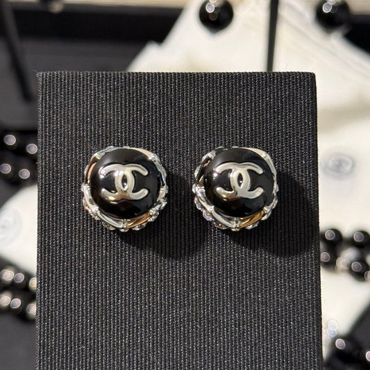 Chanel 2026 Black Enamel Bead Silver Double C Rhinestone Stud Earrings