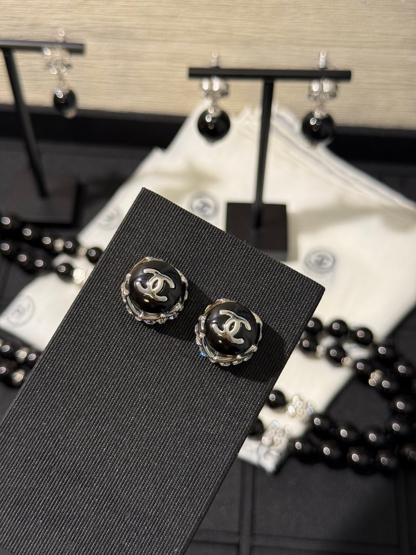 Chanel 2026 Black Enamel Bead Silver Double C Rhinestone Stud Earrings
