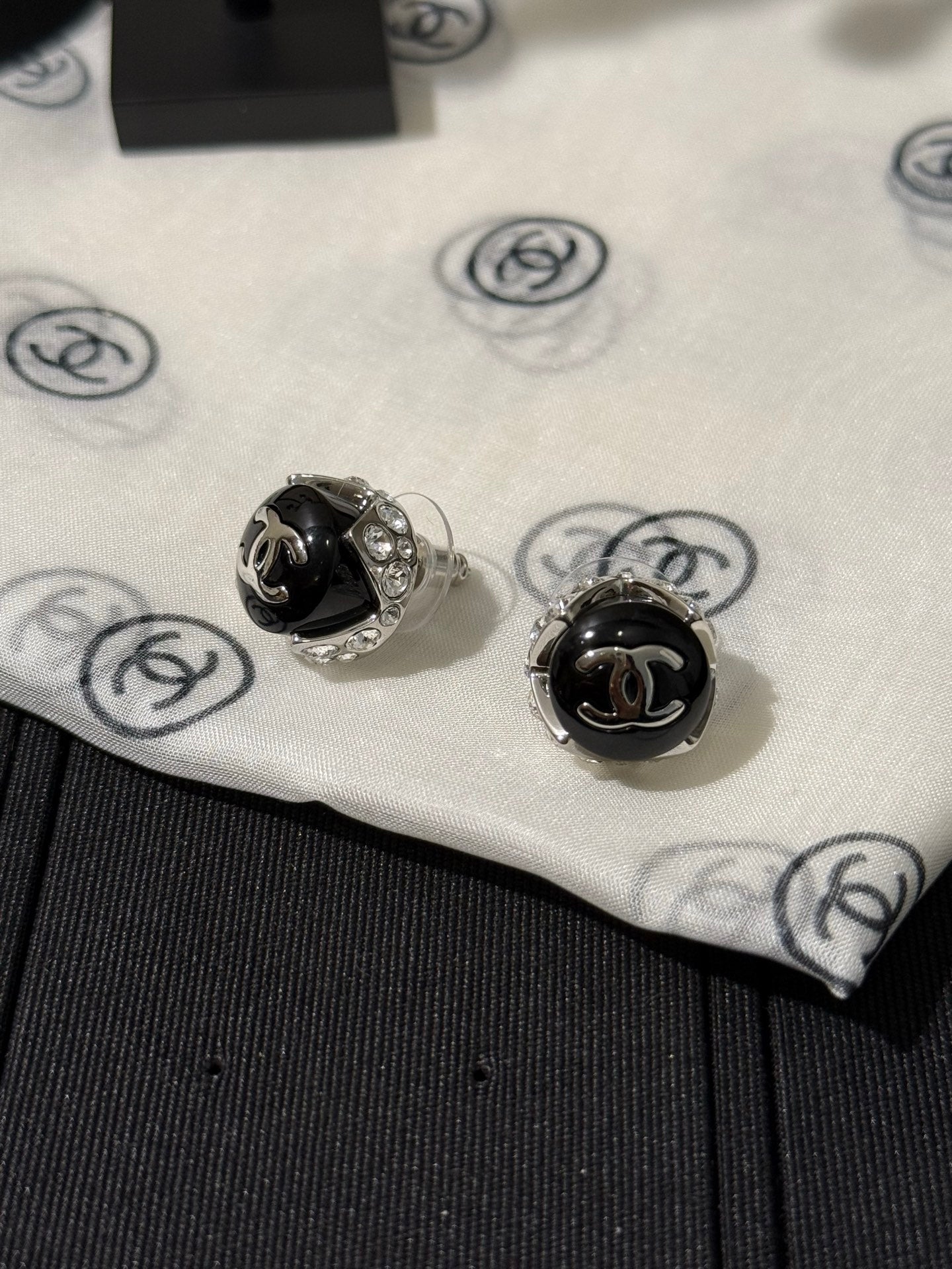 Chanel 2026 Black Enamel Bead Silver Double C Rhinestone Stud Earrings