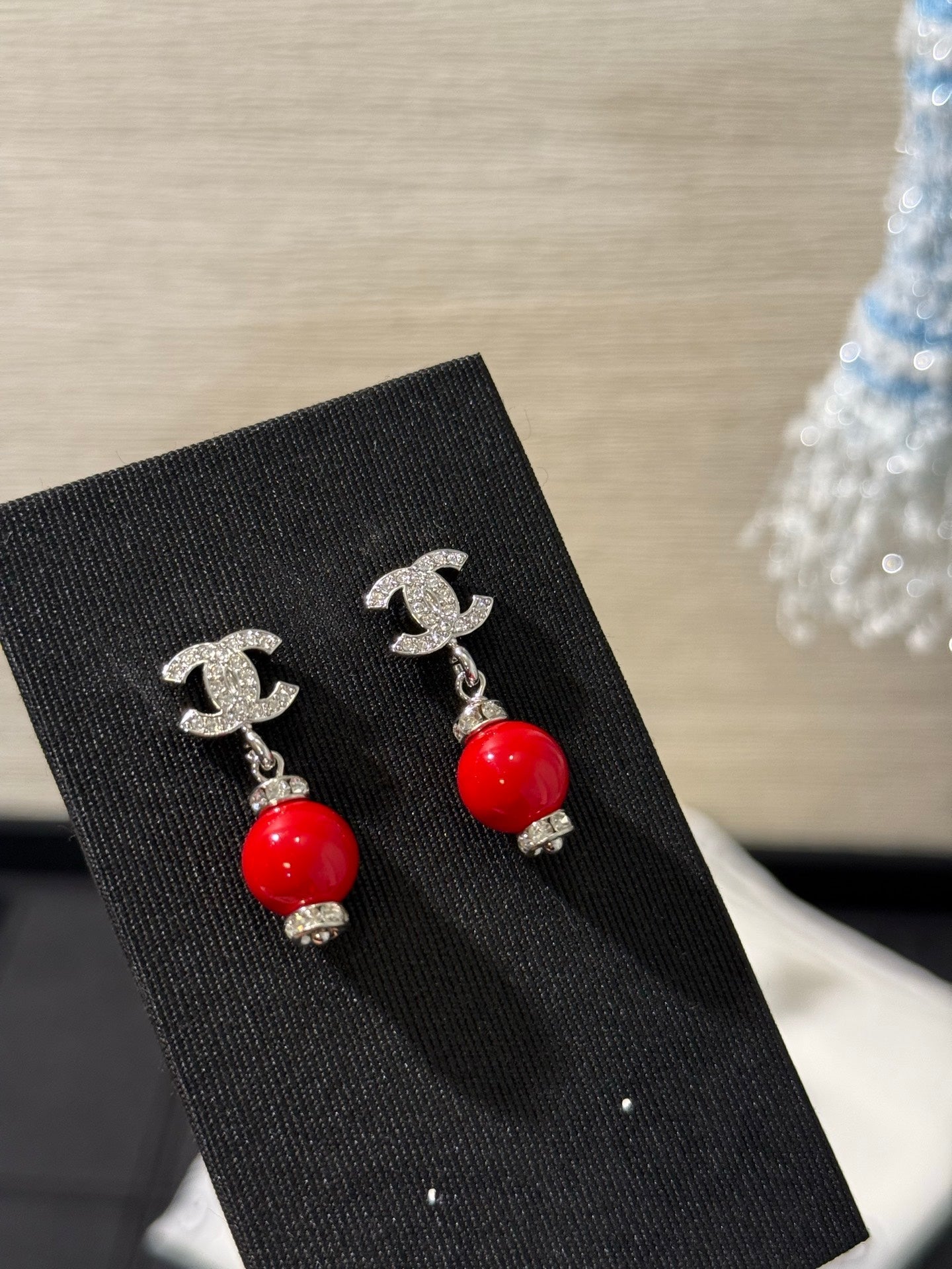 Chanel 2026 Silver Full Diamond Double C Red Bead Earrings