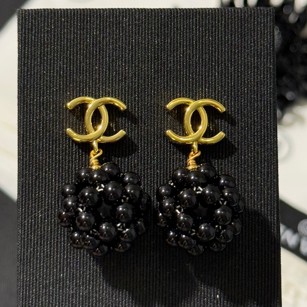 Chanel 2026 Gold Double C Small Black Ball Earrings
