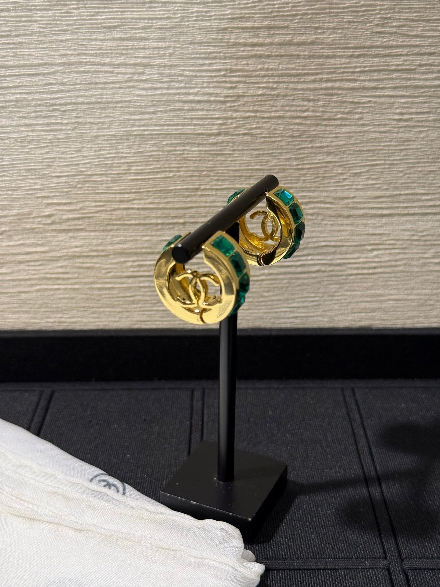 Chanel 2026 Emerald Square Diamond Gold Double C Hoop Earrings Stud Earrings