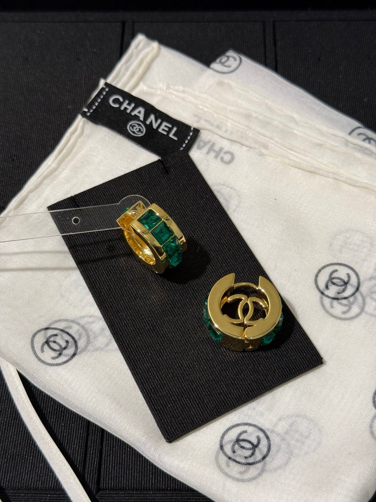 Chanel 2026 Emerald Square Diamond Gold Double C Hoop Earrings Stud Earrings