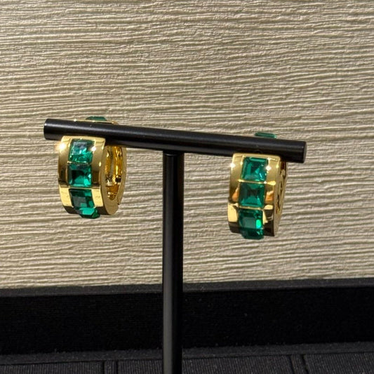 Chanel 2026 Emerald Square Diamond Gold Double C Hoop Earrings Stud Earrings