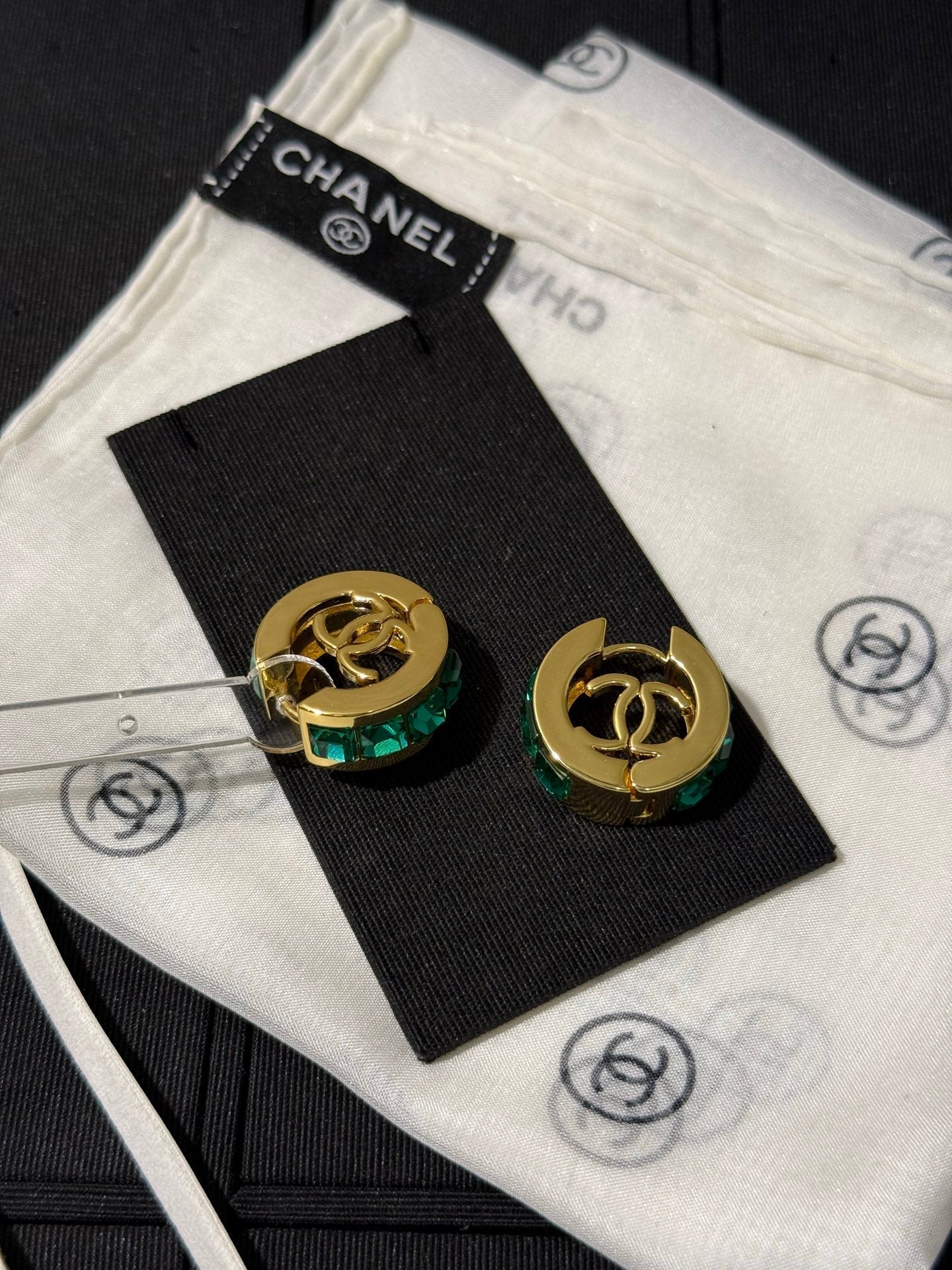 Chanel 2026 Emerald Square Diamond Gold Double C Hoop Earrings Stud Earrings
