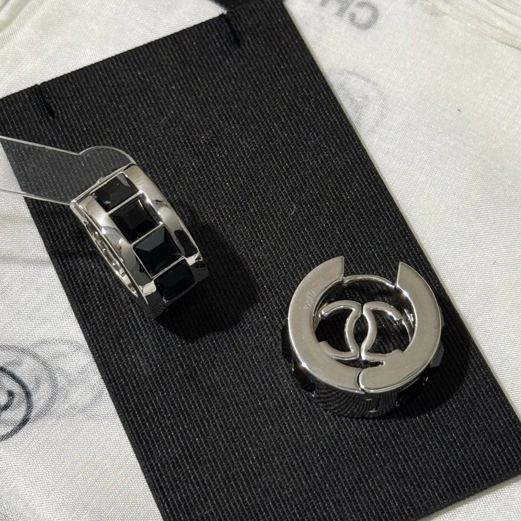 Chanel 2026 Black Square Diamond Silver Double C Hoop Earrings Stud Earrings
