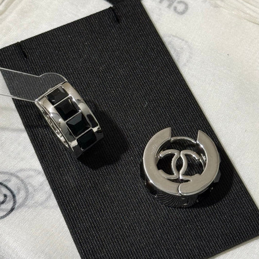 Chanel 2026 Black Square Diamond Silver Double C Hoop Earrings Stud Earrings