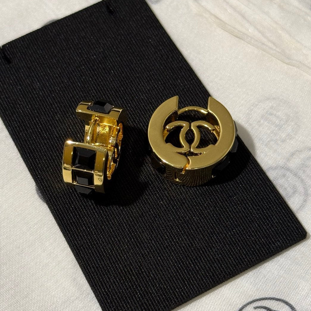 Chanel 2026 Black Square Diamond Gold Double C Hoop Earrings Stud Earrings