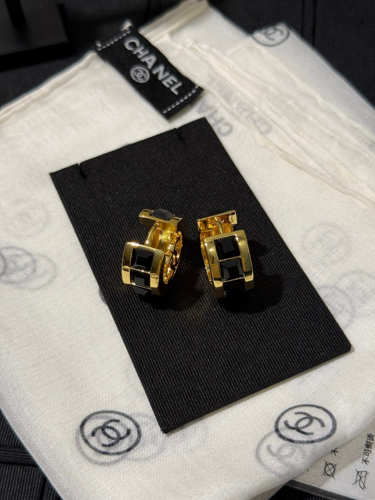 Chanel 2026 Black Square Diamond Gold Double C Hoop Earrings Stud Earrings