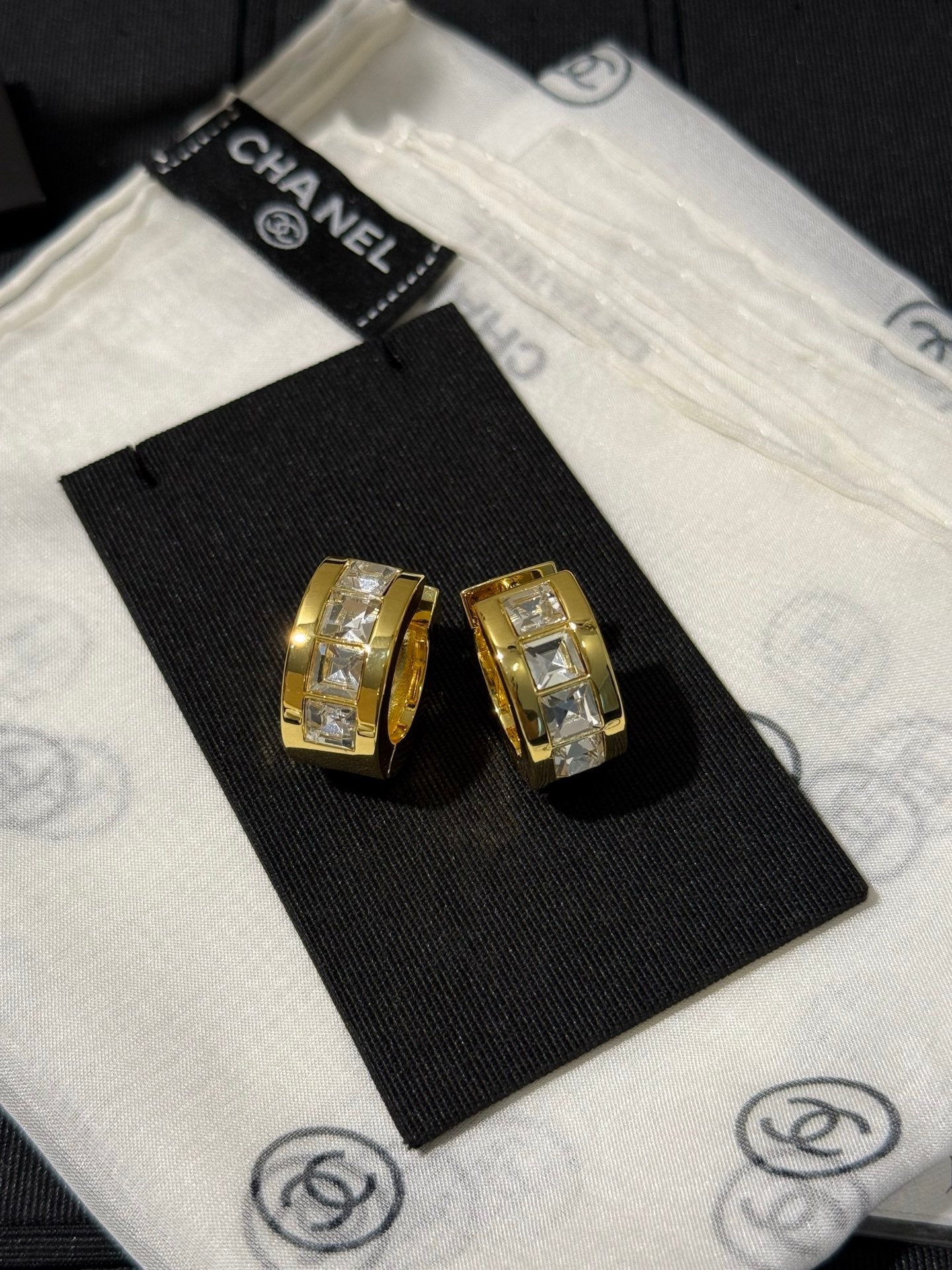 Chanel 2026 White Square Diamond Gold Double C Hoop Earrings Stud Earrings