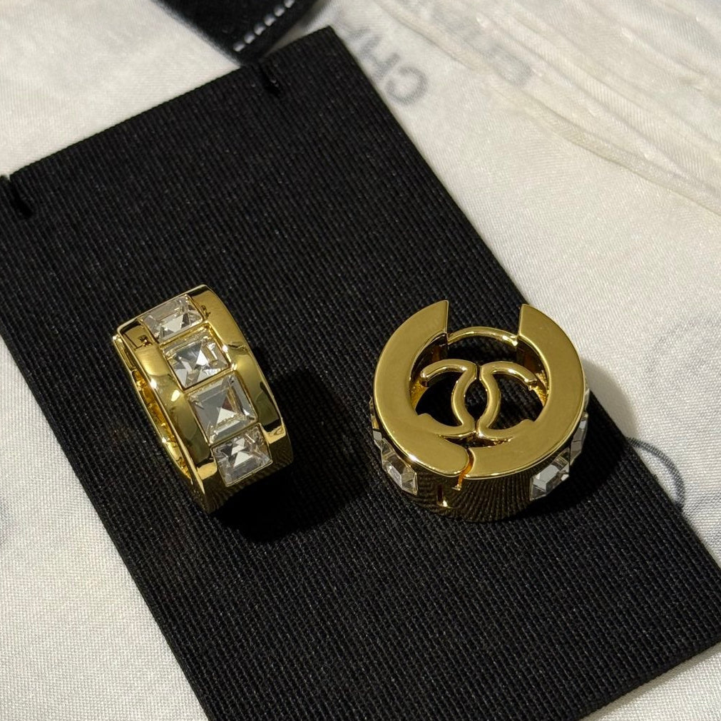 Chanel 2026 White Square Diamond Gold Double C Hoop Earrings Stud Earrings