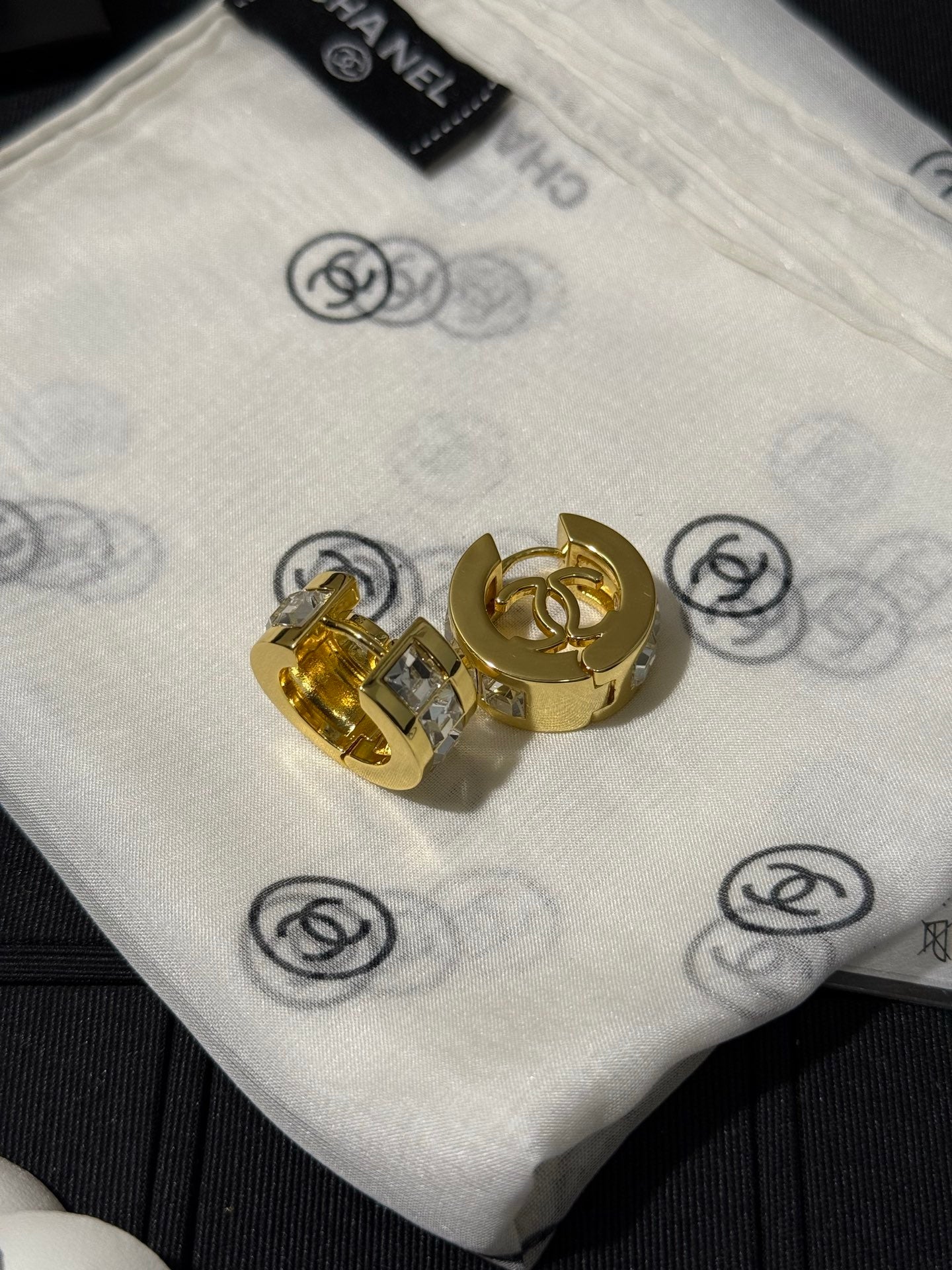 Chanel 2026 White Square Diamond Gold Double C Hoop Earrings Stud Earrings