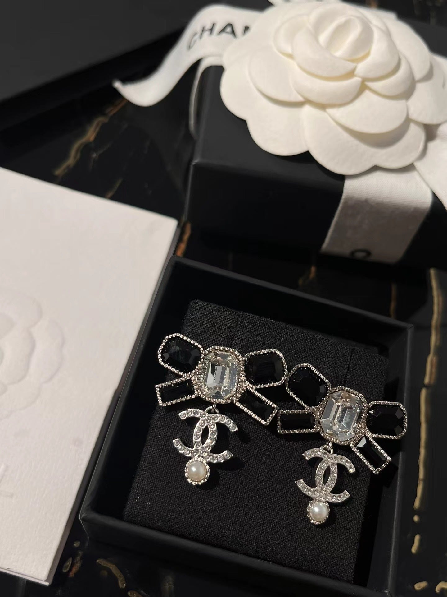 Chanel Black Diamond Square Diamond Panda Two-Tone Double C Pearl Stud Earrings