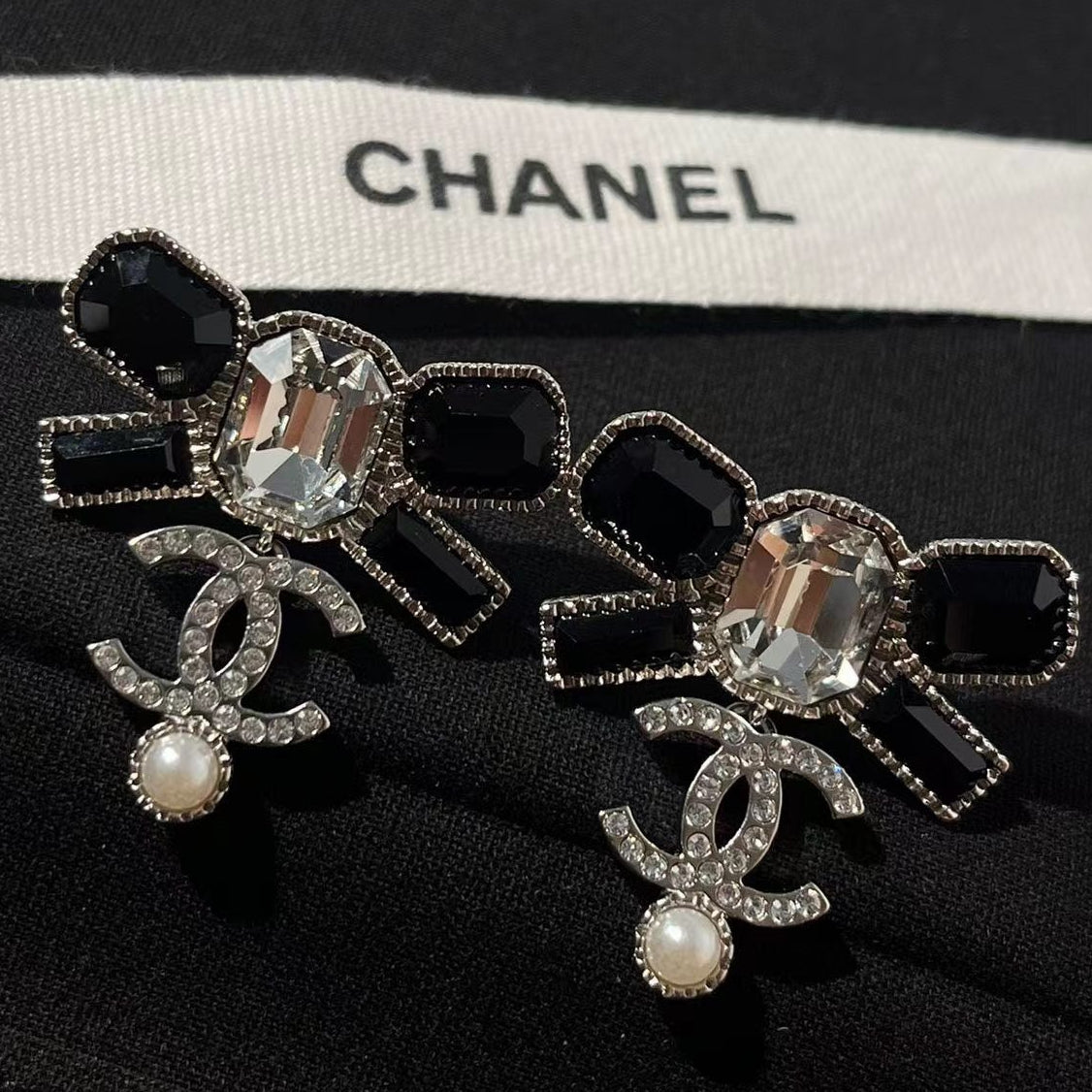 Chanel Black Diamond Square Diamond Panda Two-Tone Double C Pearl Stud Earrings