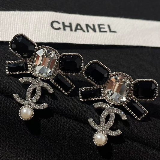 Chanel Black Diamond Square Diamond Panda Two-Tone Double C Pearl Stud Earrings