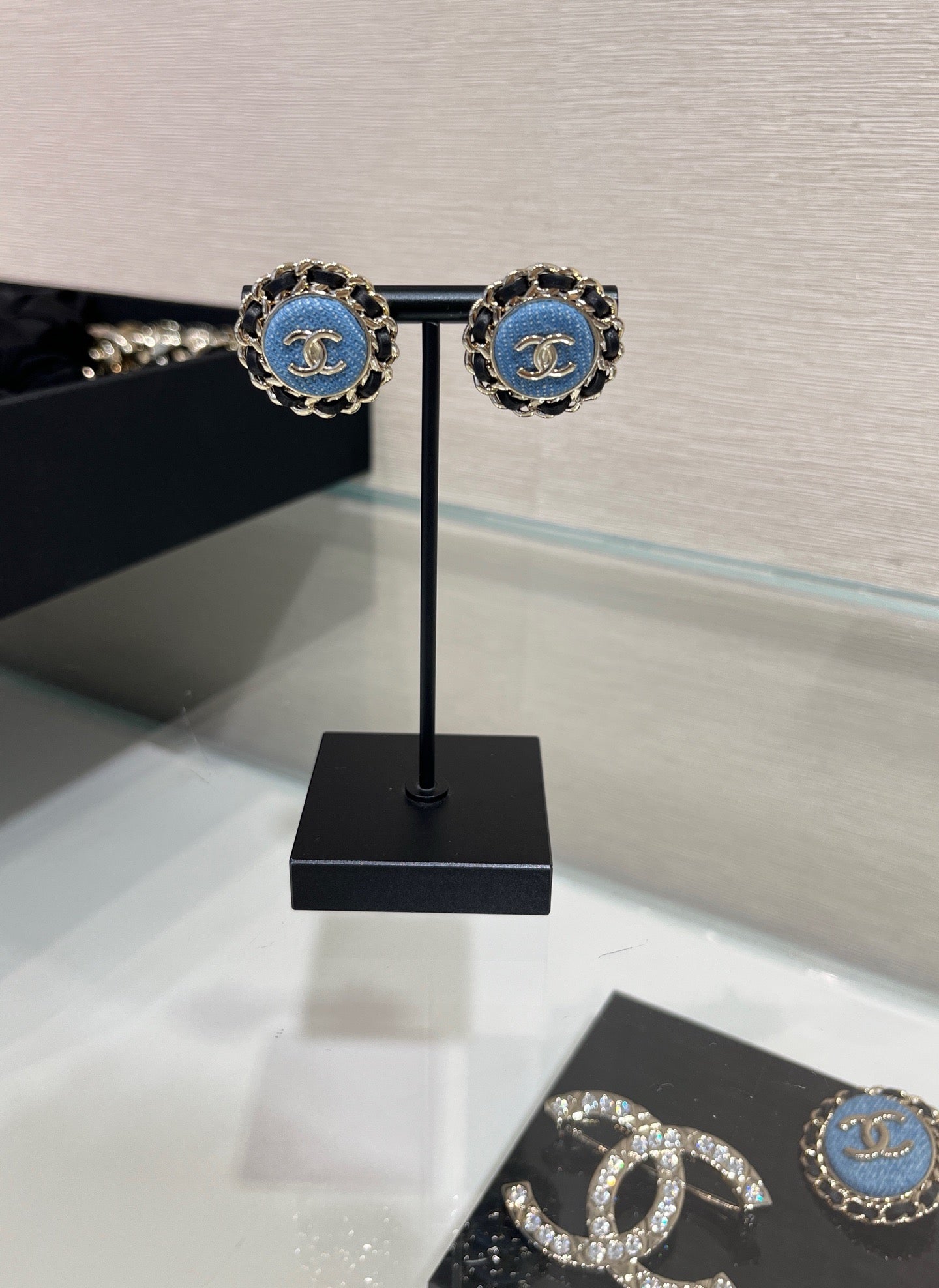 Chanel Gold Double C Leather-Threaded Chain Denim Round Stud Earrings