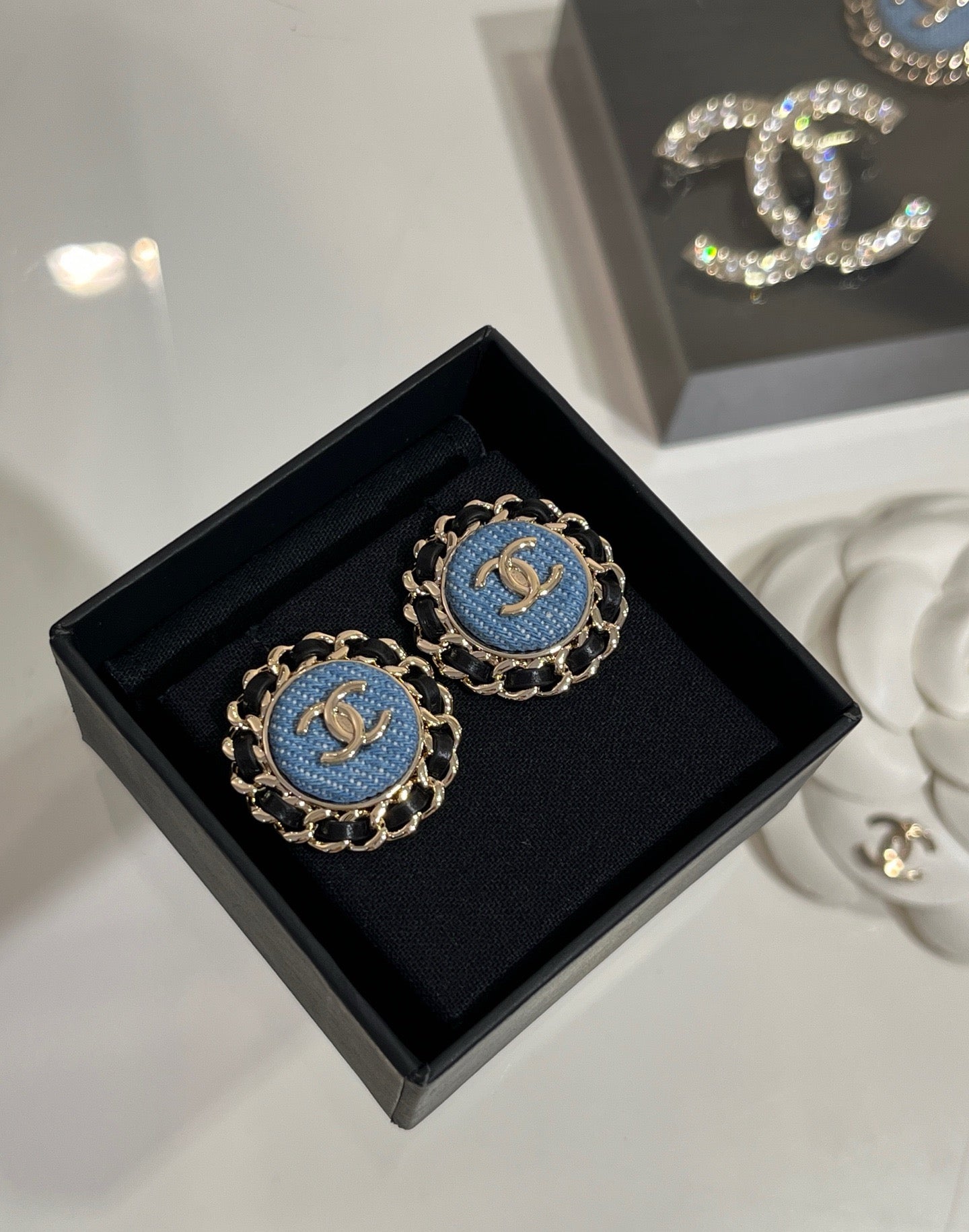 Chanel Gold Double C Leather-Threaded Chain Denim Round Stud Earrings