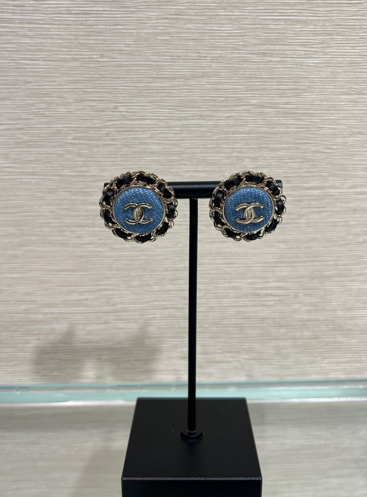 Chanel Gold Double C Leather-Threaded Chain Denim Round Stud Earrings
