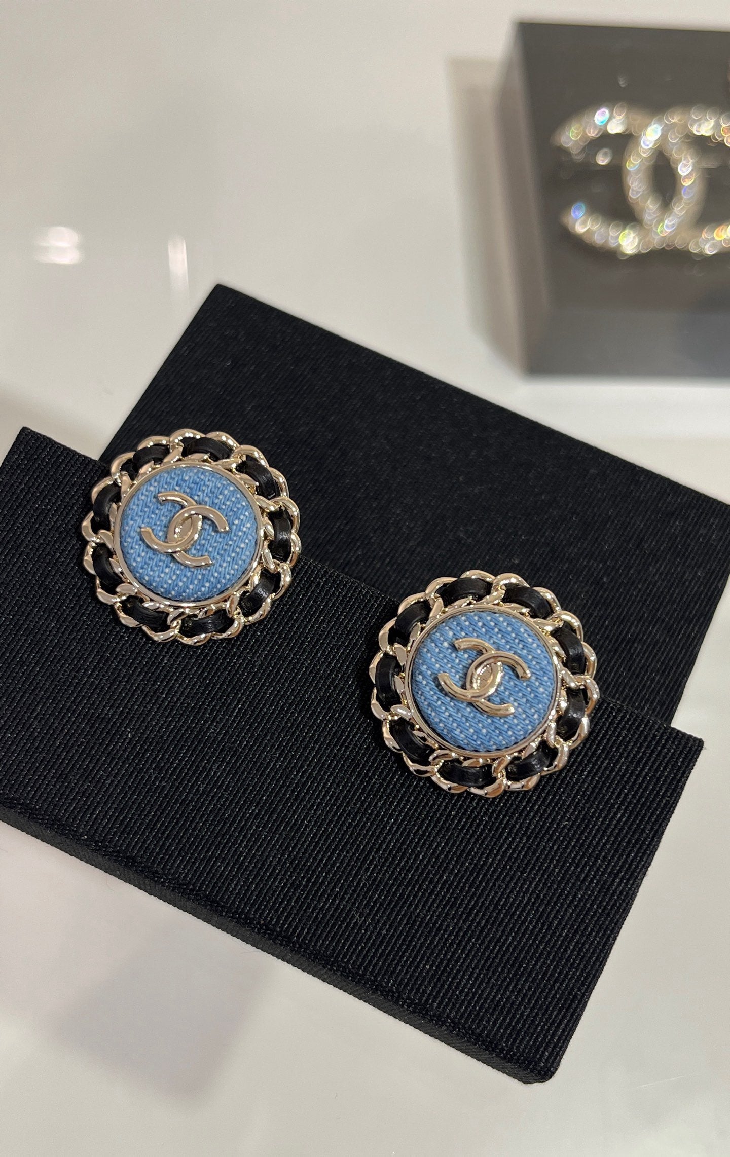 Chanel Gold Double C Leather-Threaded Chain Denim Round Stud Earrings