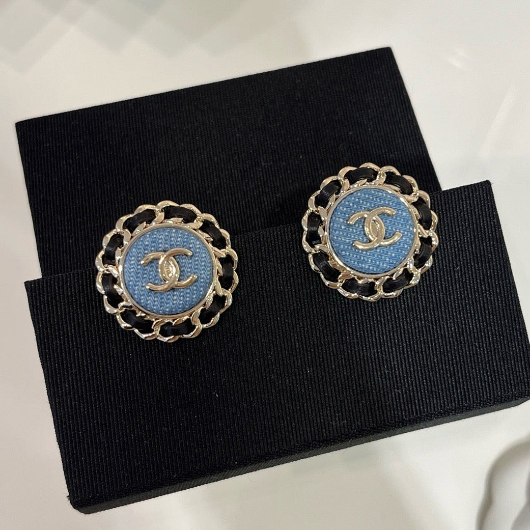 Chanel Gold Double C Leather-Threaded Chain Denim Round Stud Earrings