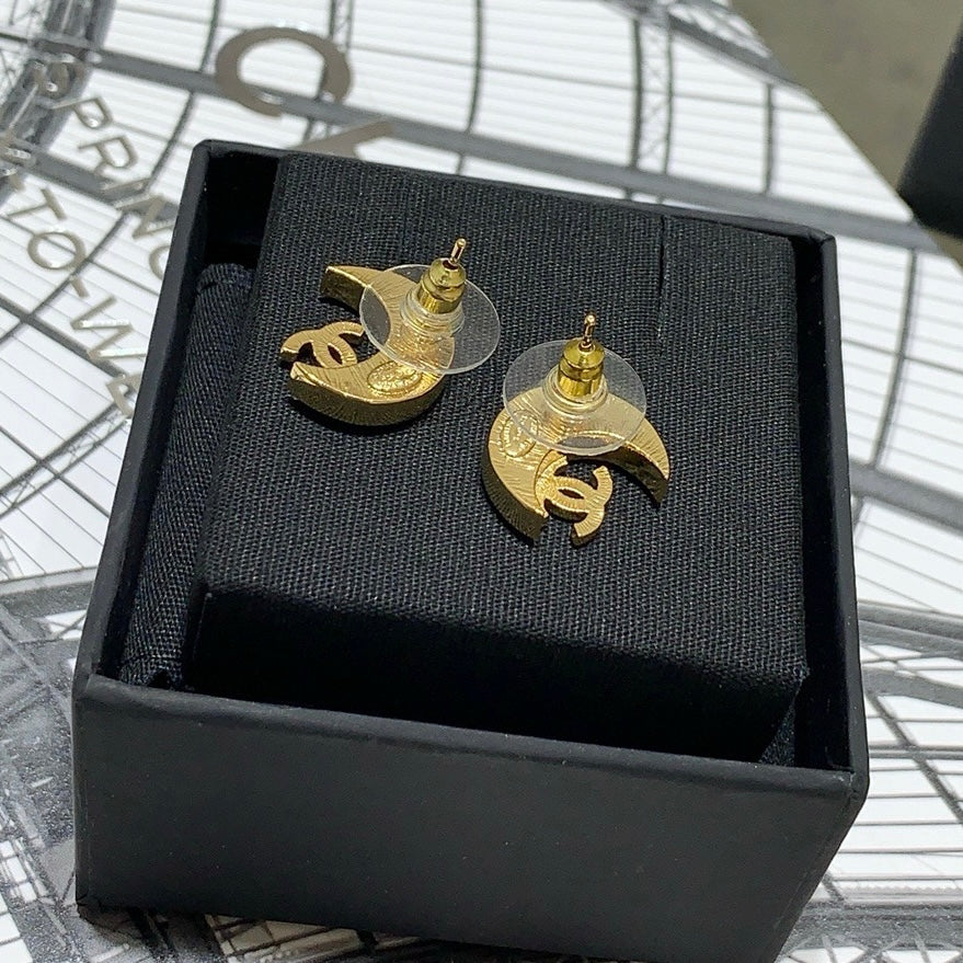 Chanel Black Enamel Full Diamond Double C Moon Earrings