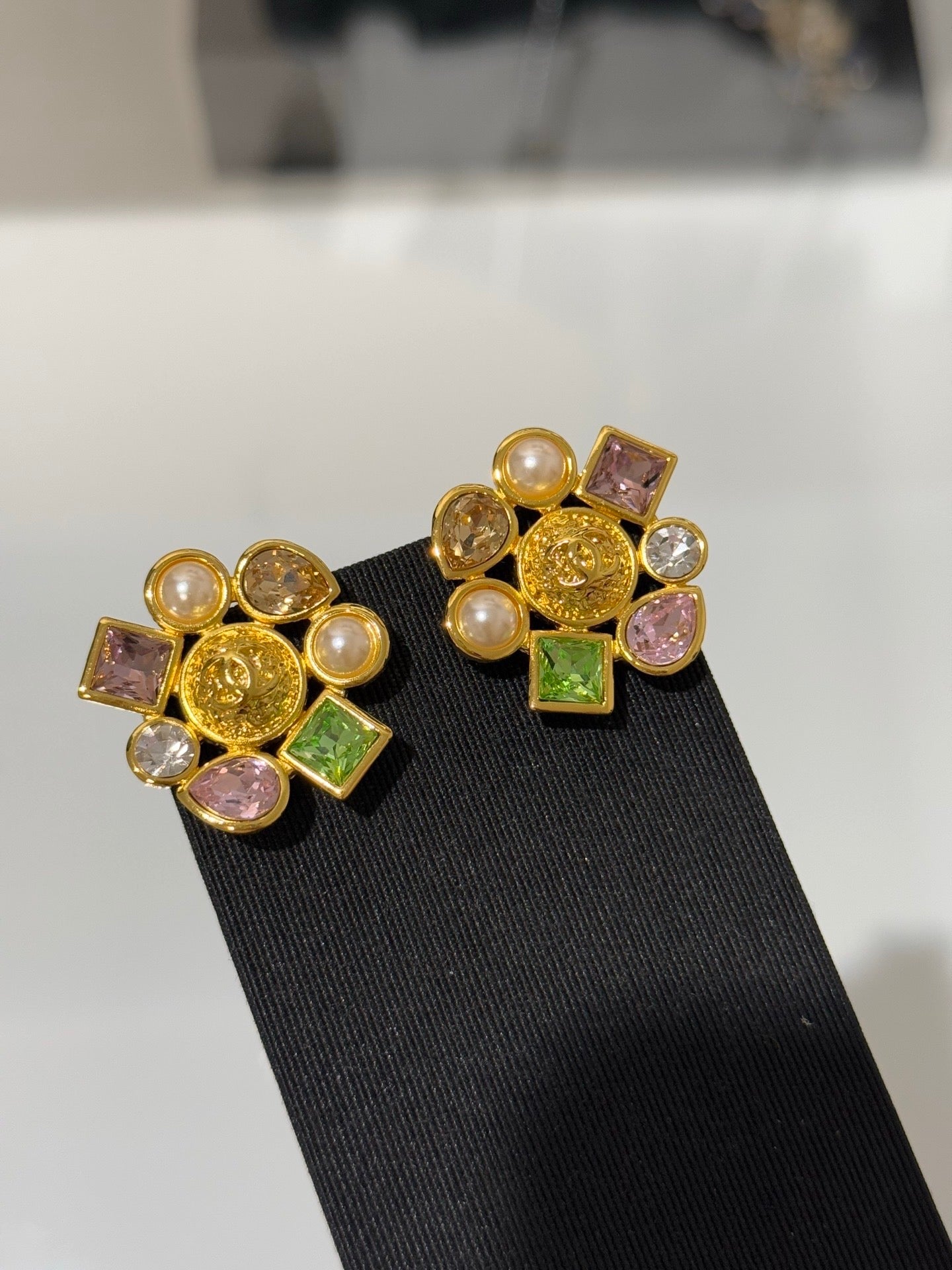 Chanel 2026 Irregular Colored Gemstone Gold Double C Glass Pearl Stud Earrings