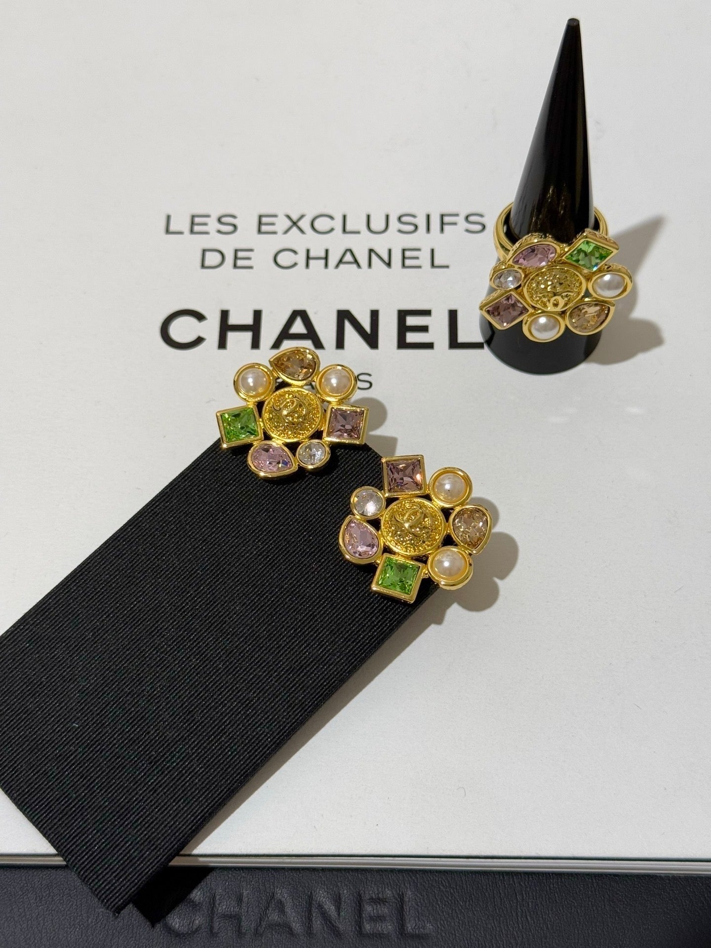 Chanel 2026 Irregular Colored Gemstone Gold Double C Glass Pearl Stud Earrings