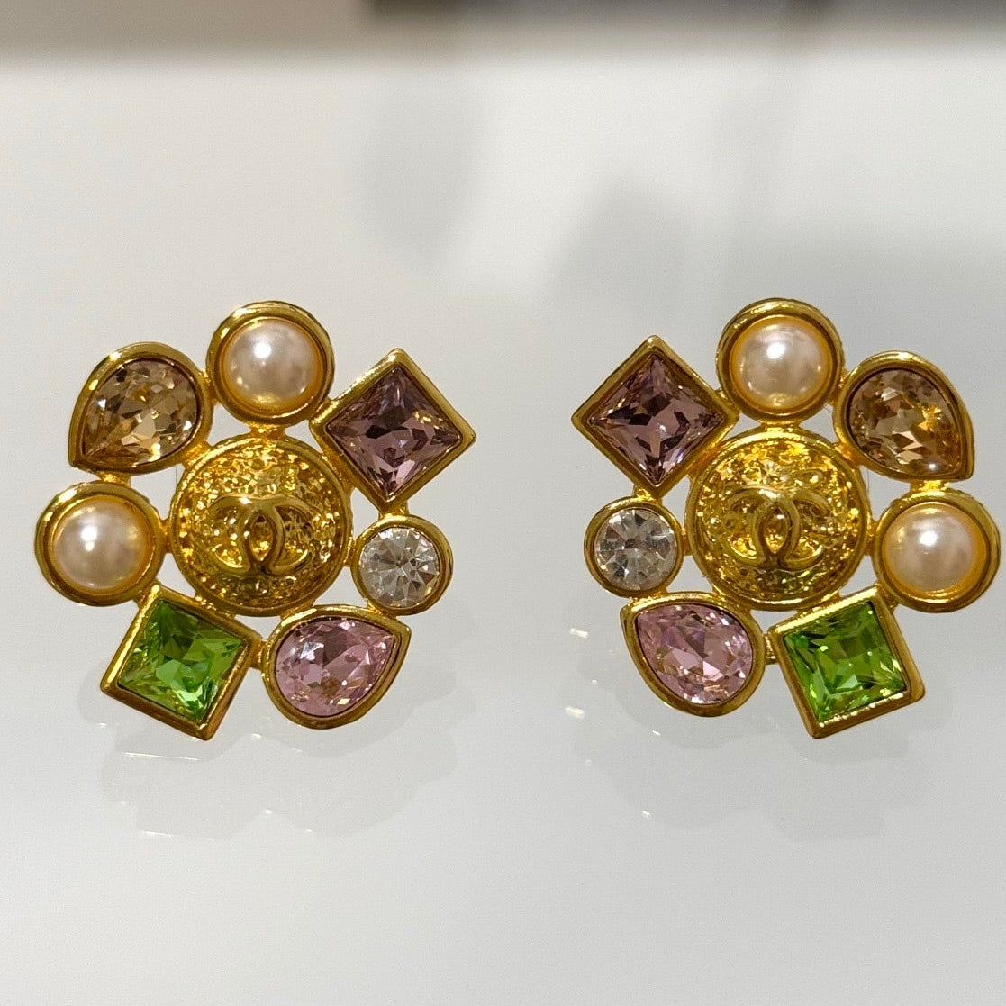 Chanel 2026 Irregular Colored Gemstone Gold Double C Glass Pearl Stud Earrings