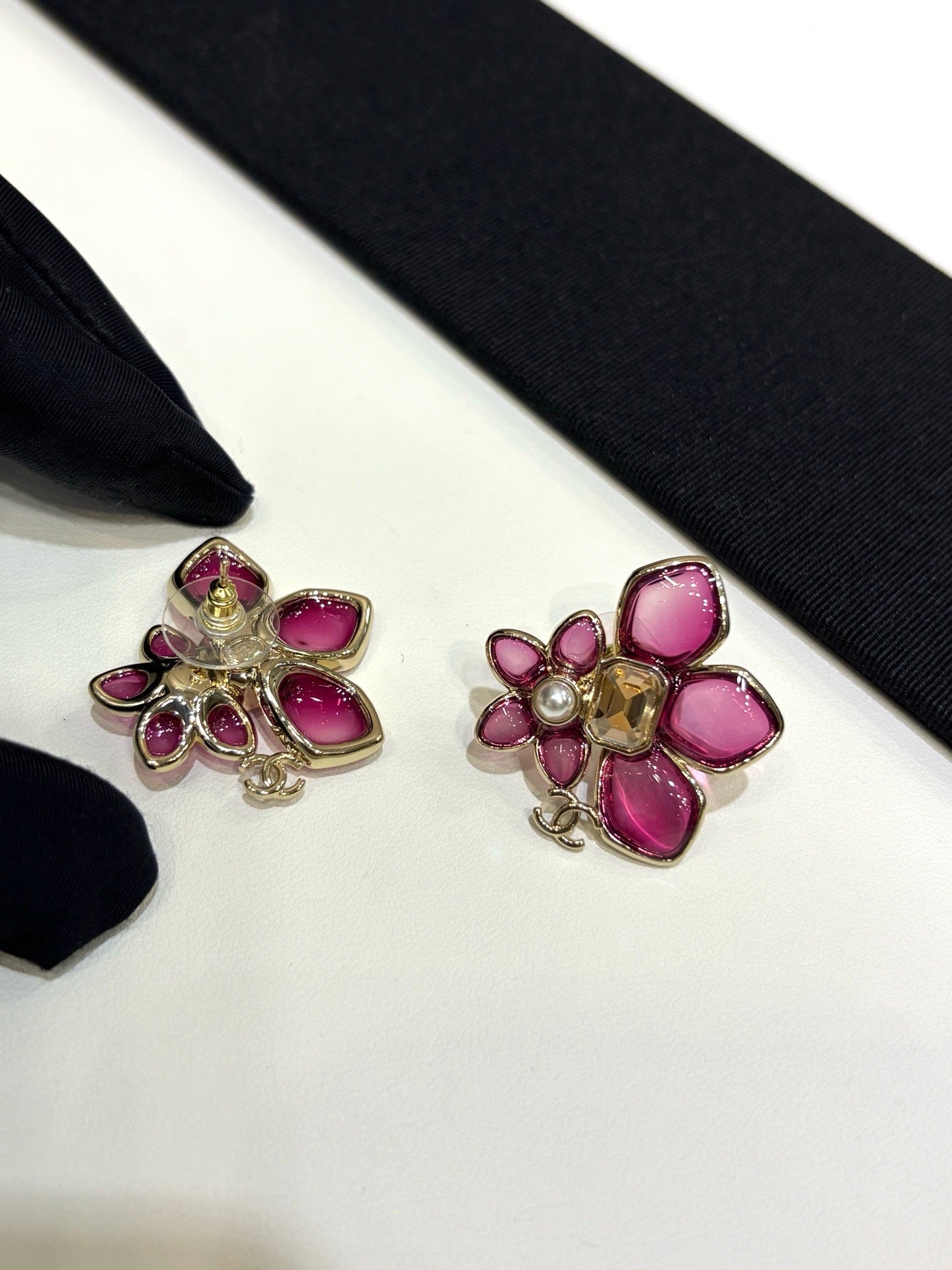 Chanel 2026 Double C Pink Asymmetrical Flower Stud Earrings