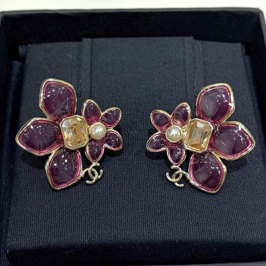Chanel 2026 Double C Pink Asymmetrical Flower Stud Earrings