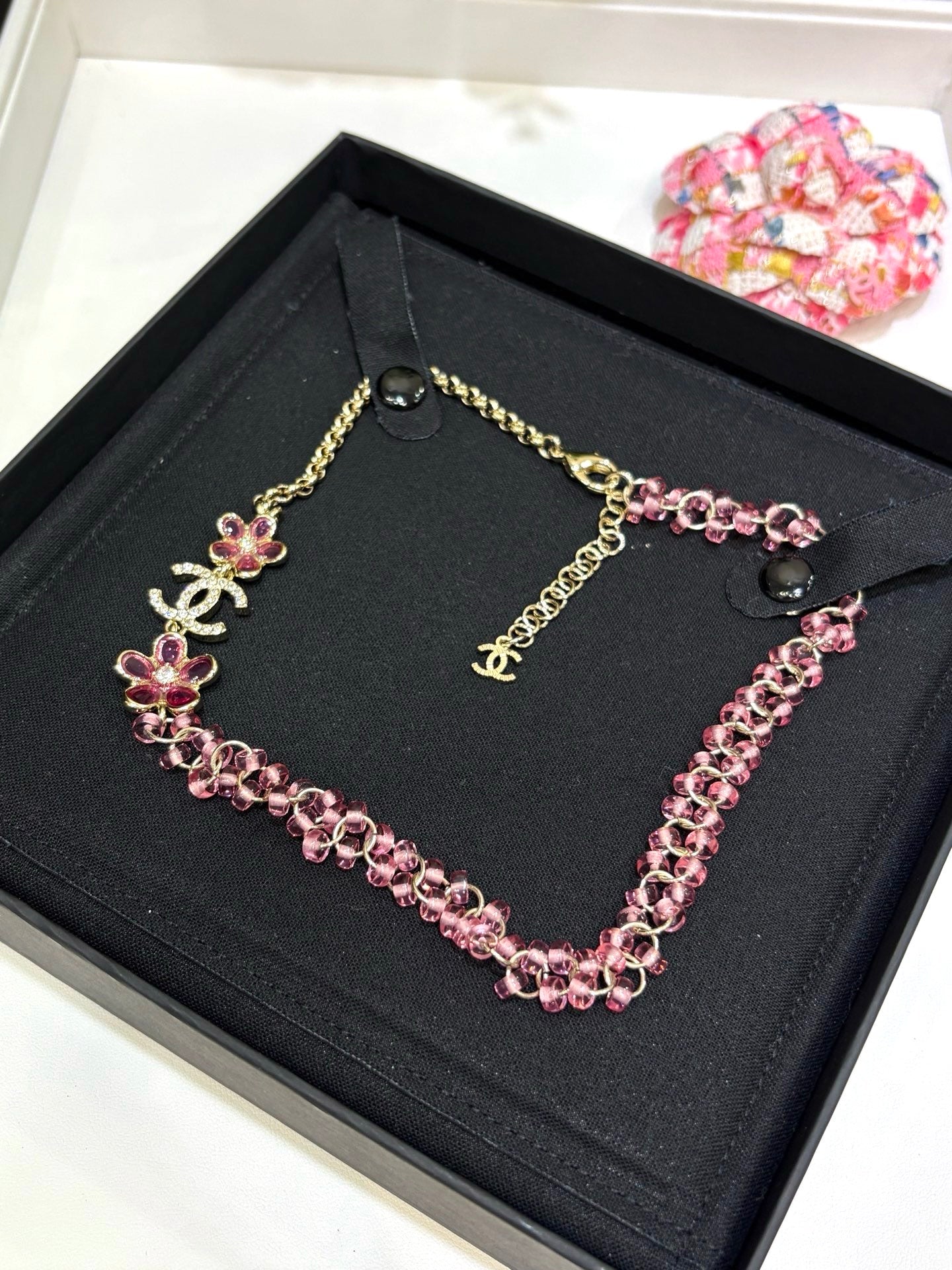 Chanel 2026 Double C Pink Acrylic Flower Beaded Necklace