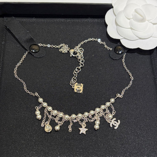 Chanel 2026 Silver Full Diamond Double C Star Teardrop Tassel Necklace