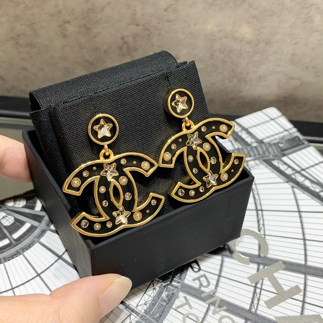 Chanel Black Enamel Five-Pointed Star Double C Stud Earrings